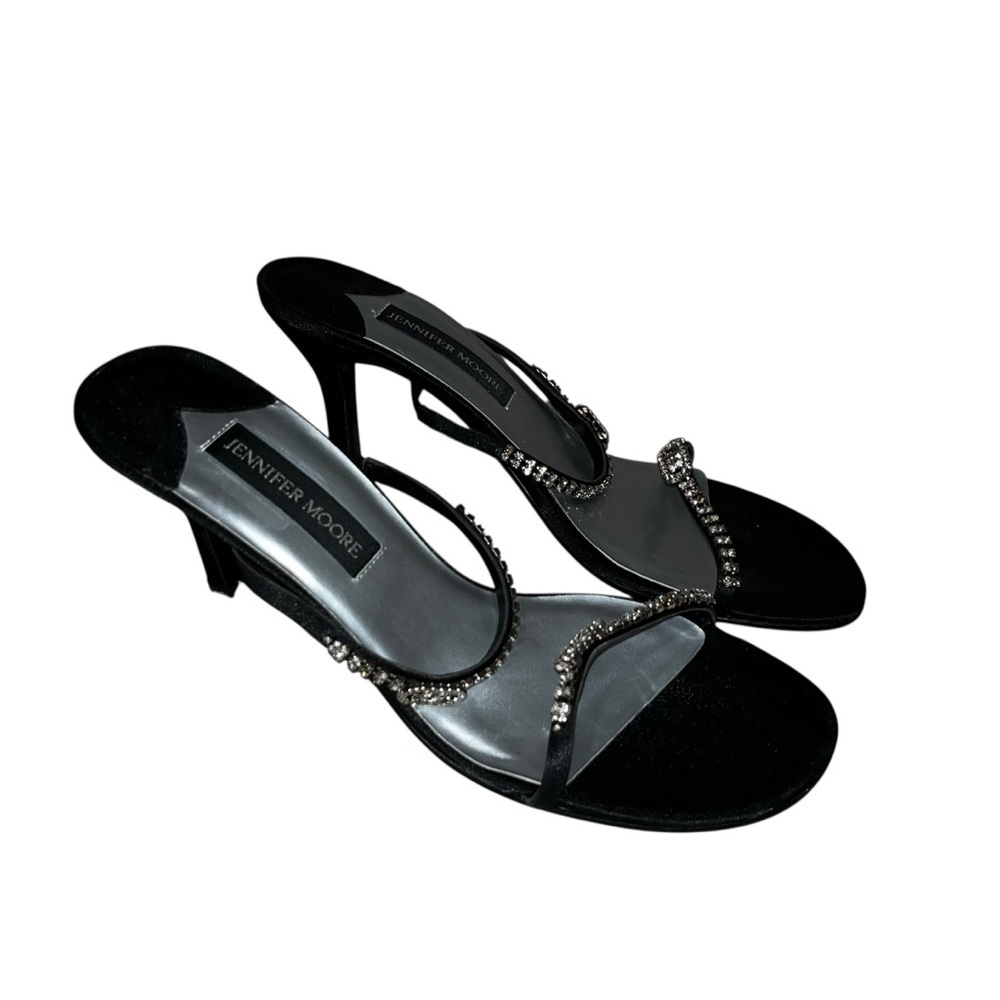 Jennifer Moore dazzle black silver rhinestone jeweled heel sandals shoes new 9.5